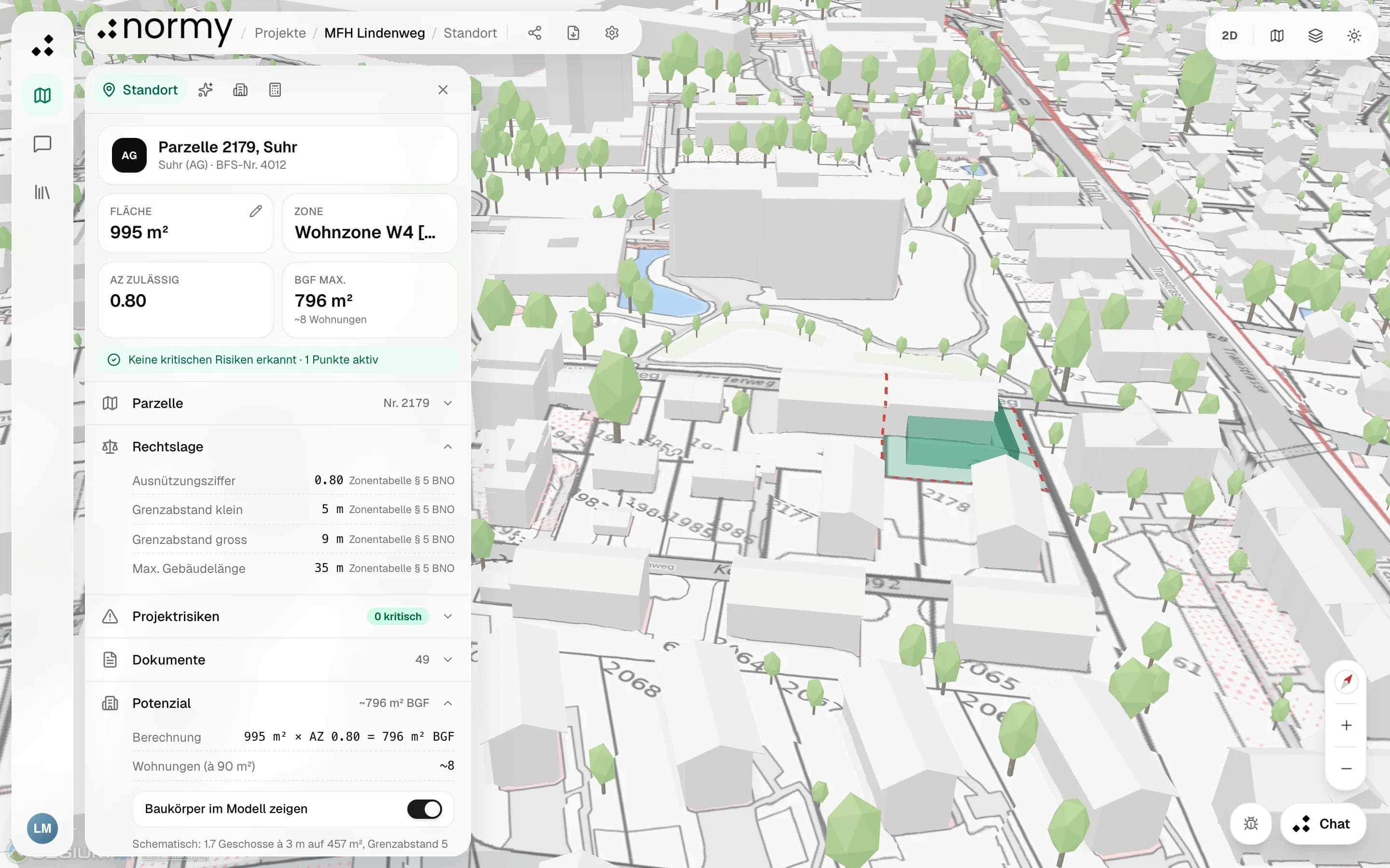 Normy-App: Parzelle 2179 in Suhr mit Fläche 995 m², Wohnzone W4, Ausnützungsziffer 0.80 und Rechtslage mit Paragraphen, daneben das 3D-Modell der Umgebung